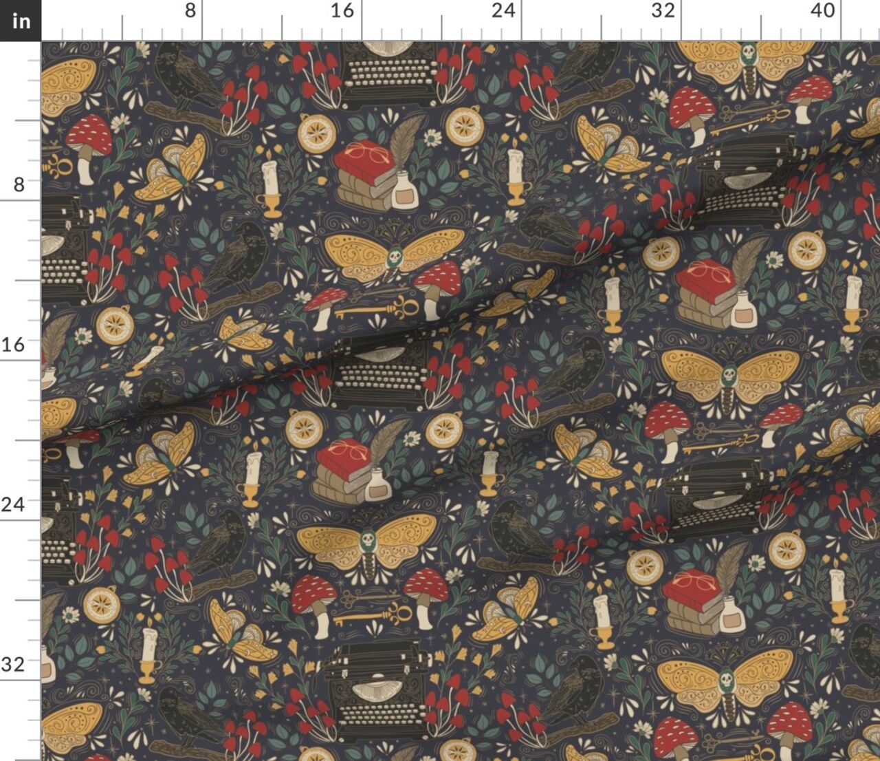 Dark Academia Moth Raven mushrooms Feather Candle Moody Typewriter Goth Gothcore Red Yellow Black Teal Navy Custom Printed Fabric by Spoonflower Various Fabrics by the Yard or Fat Quarter
